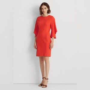 Lauren Ralph Lauren‎ Ruffle-Sleeve Sheath Dress Size 10 Orange Round Neck